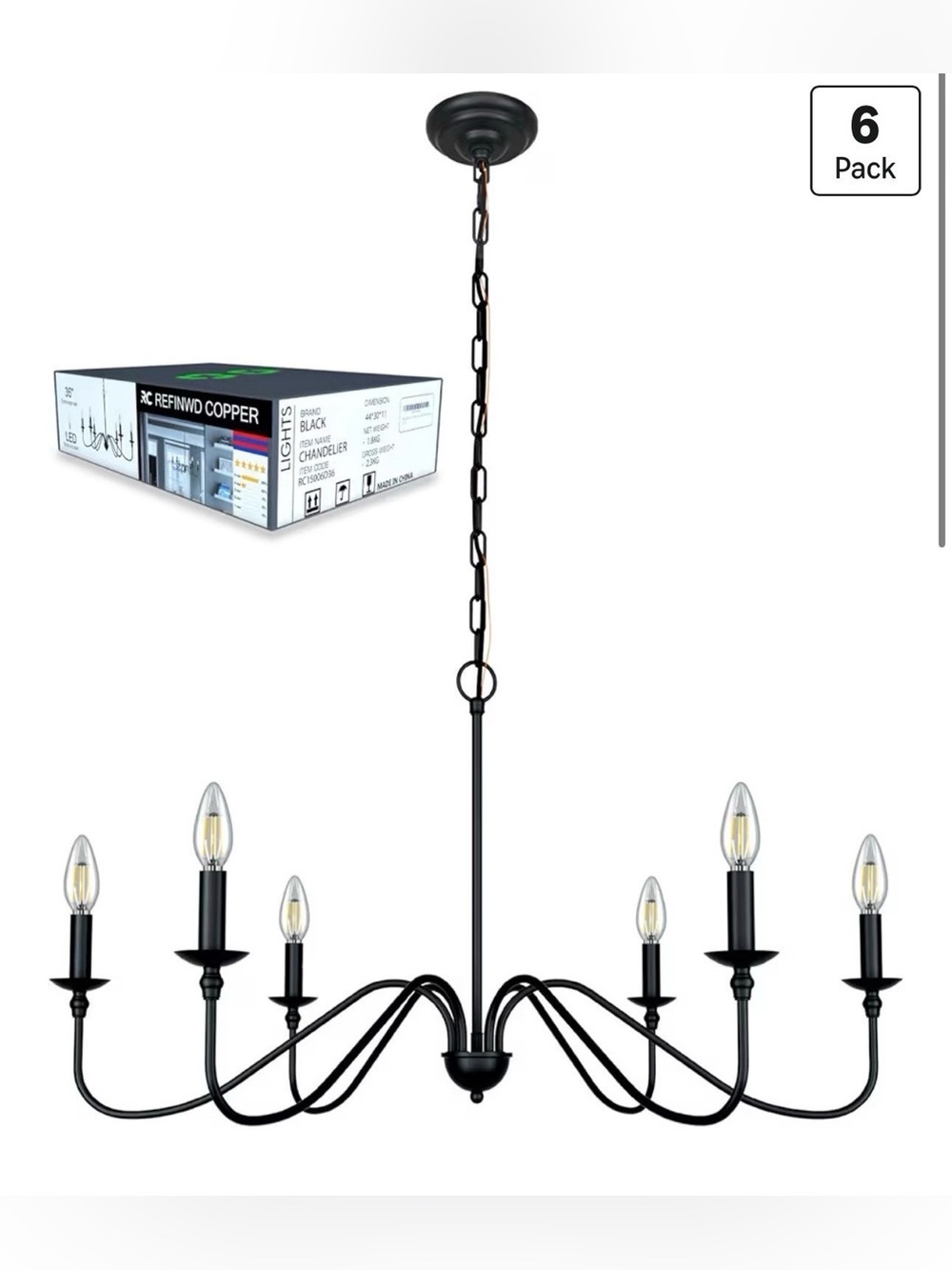 Black Chandelier RC Ceiling Light Fixture -6 Light